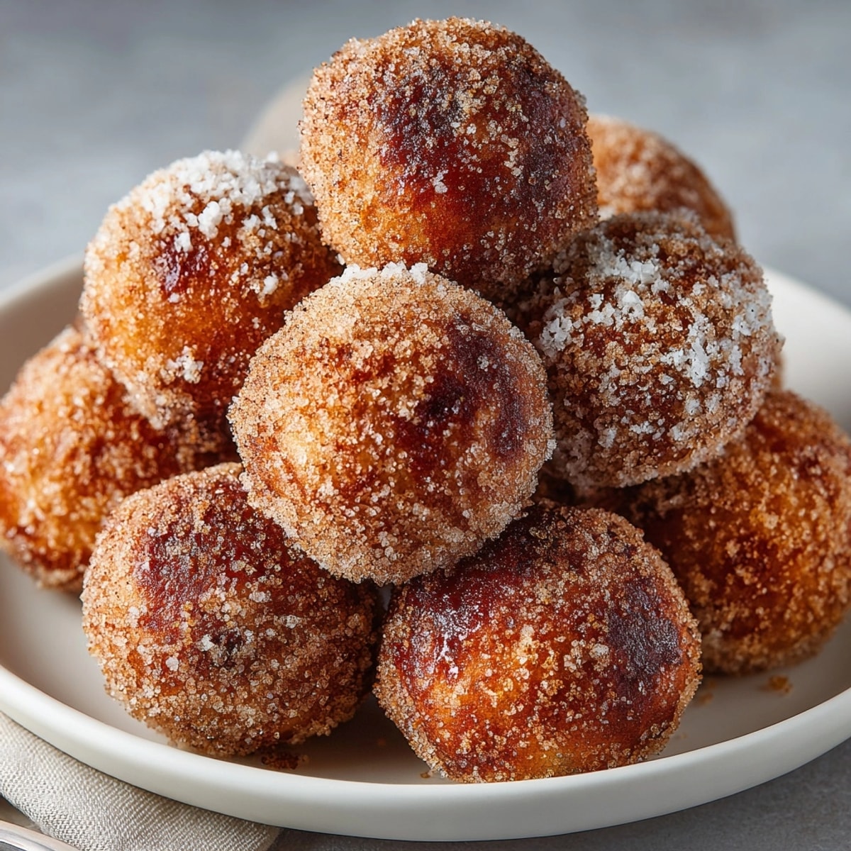 Golden Hot Apple Cider Donut Holes dusted with cinnamon sugar, fresh and warm.