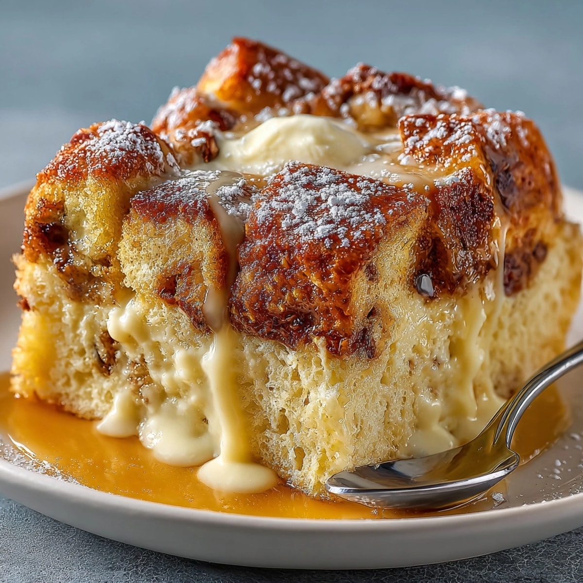 Golden brown Italian Panettone Bread Pudding, baking dish just out of the oven.