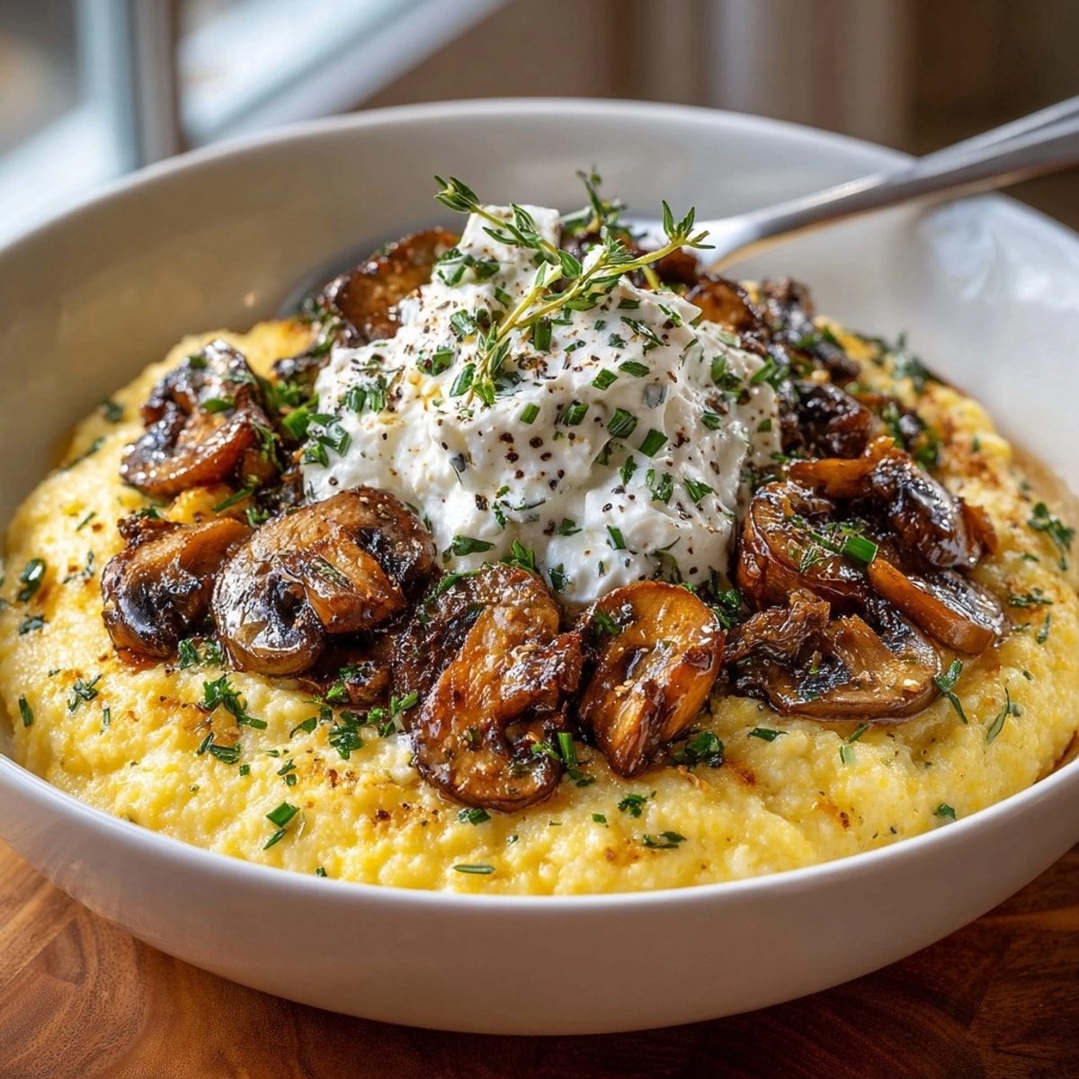 Creamy polenta recipe with earthy roasted mushrooms and dollops of fresh herbed ricotta.