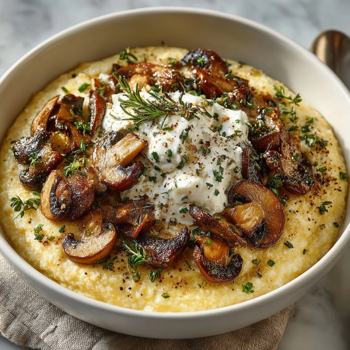 Golden polenta with mushrooms and herbed ricotta – a flavorful, rustic, and satisfying dish.