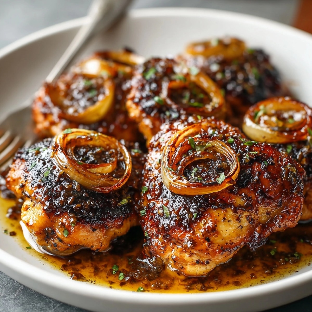 Close-up shows sticky Maple-Dijon Chicken Thighs recipe; a delectable, family-friendly meal idea.