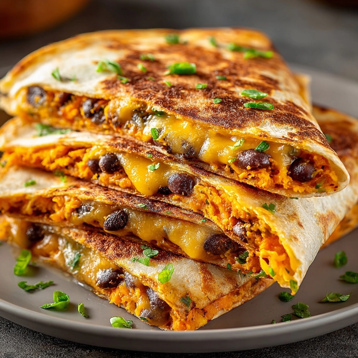 Savory Microwave Sweet Potato Black Bean Quesadilla filling spills from golden, toasted tortilla.