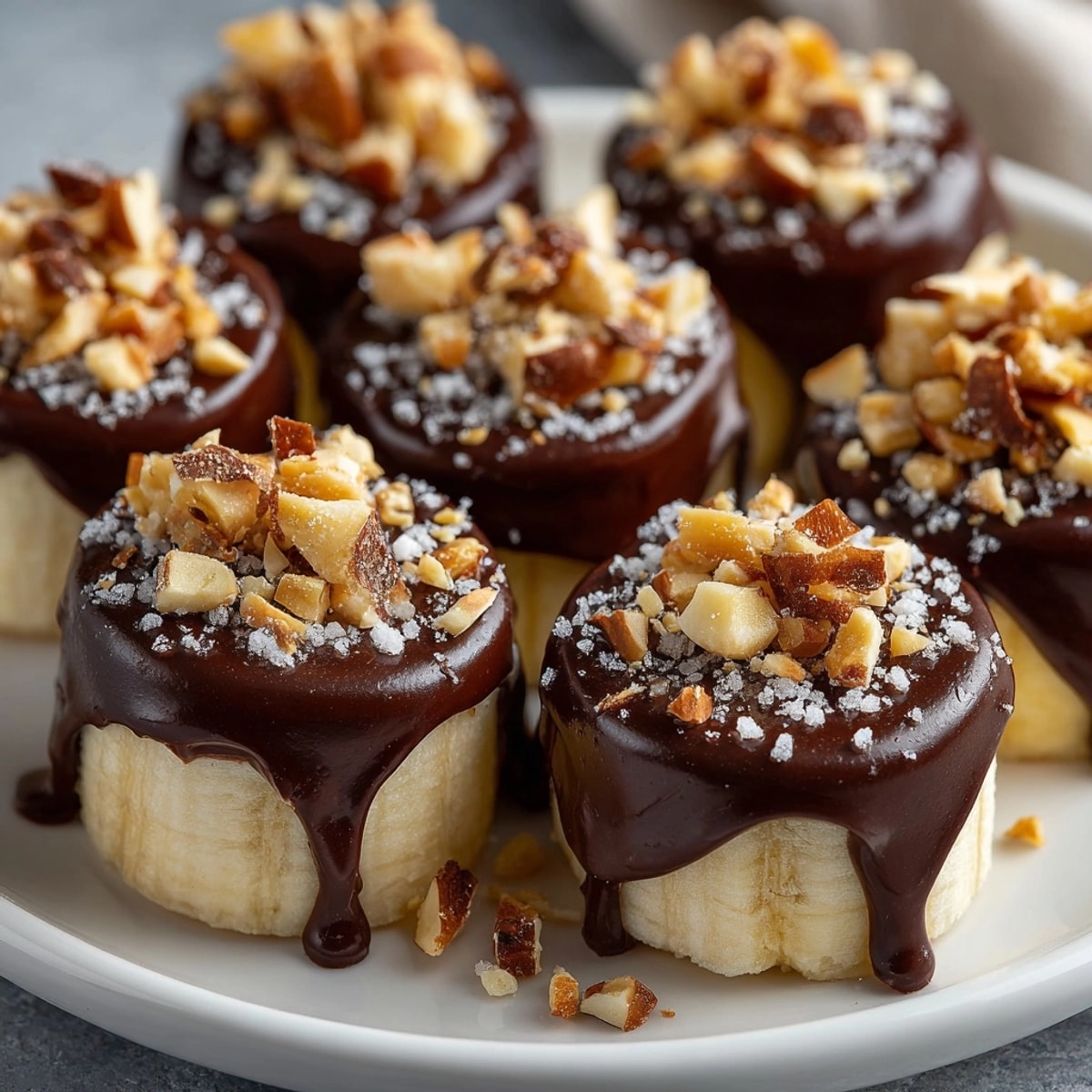 Creamy almond butter chocolate banana bites recipe, a healthy sweet treat cooling in the freezer.