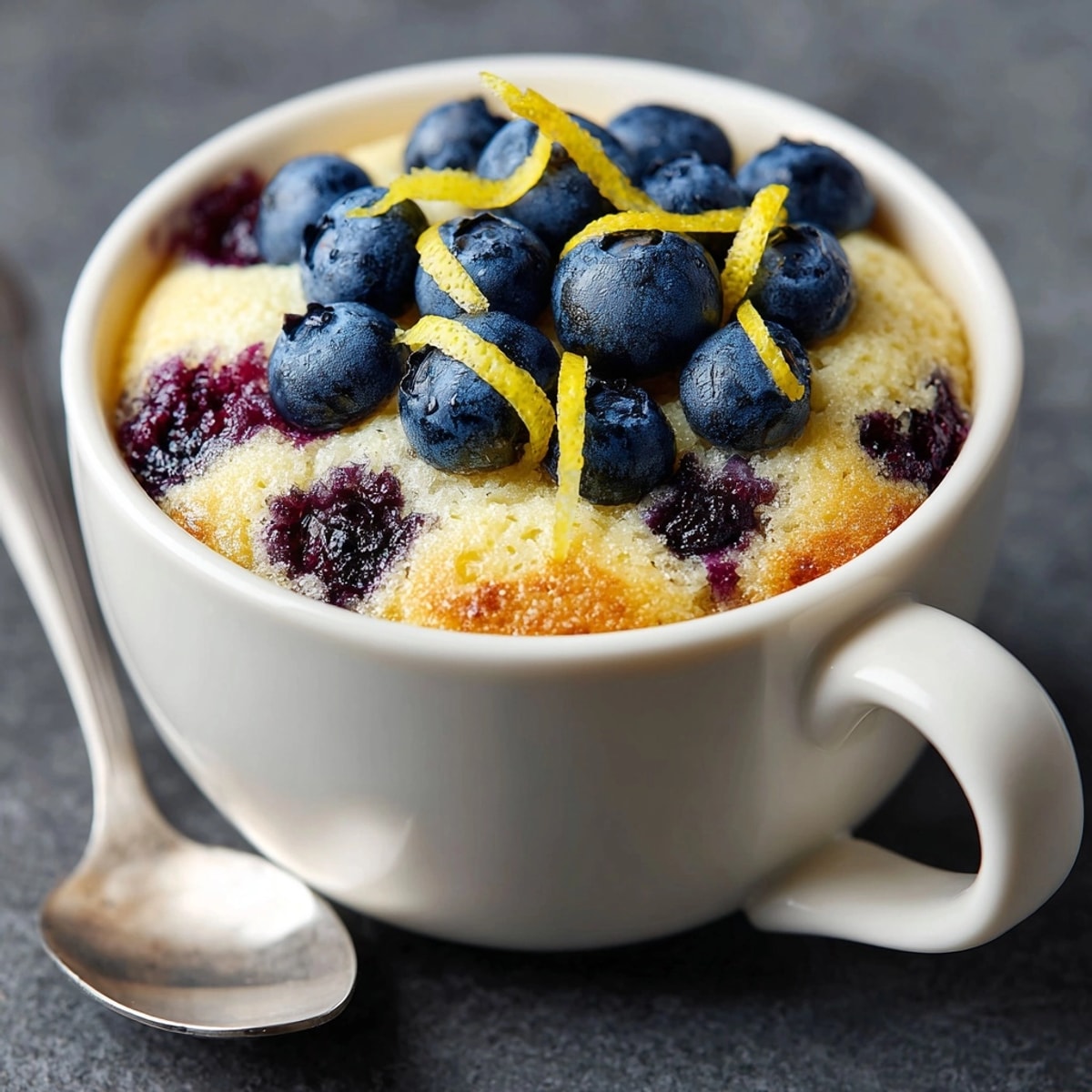 Fluffy Blueberry Lemon Yogurt Mug Cake steams, ready to eat in minutes!