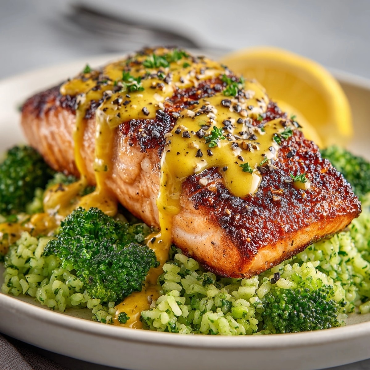 Honey Mustard Salmon with Broccoli Rice: Flaky salmon glistening with sweet honey mustard.