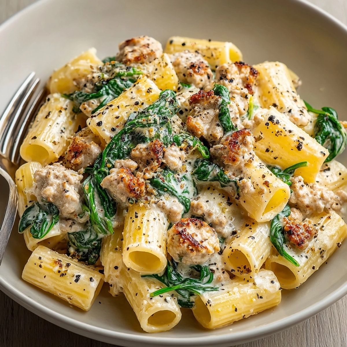 Creamy Ground Turkey & Spinach Skillet Pasta simmers, a savory, comforting, one-pan meal.