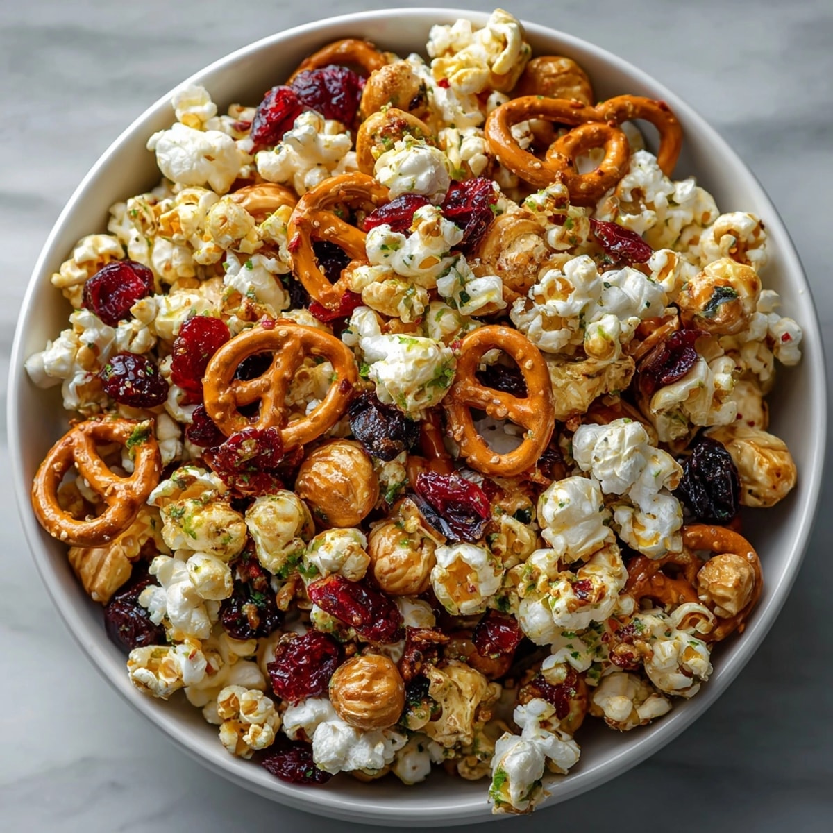 Savory Chili-Lime Popcorn Trail Mix piled high, ready for game night snacking.