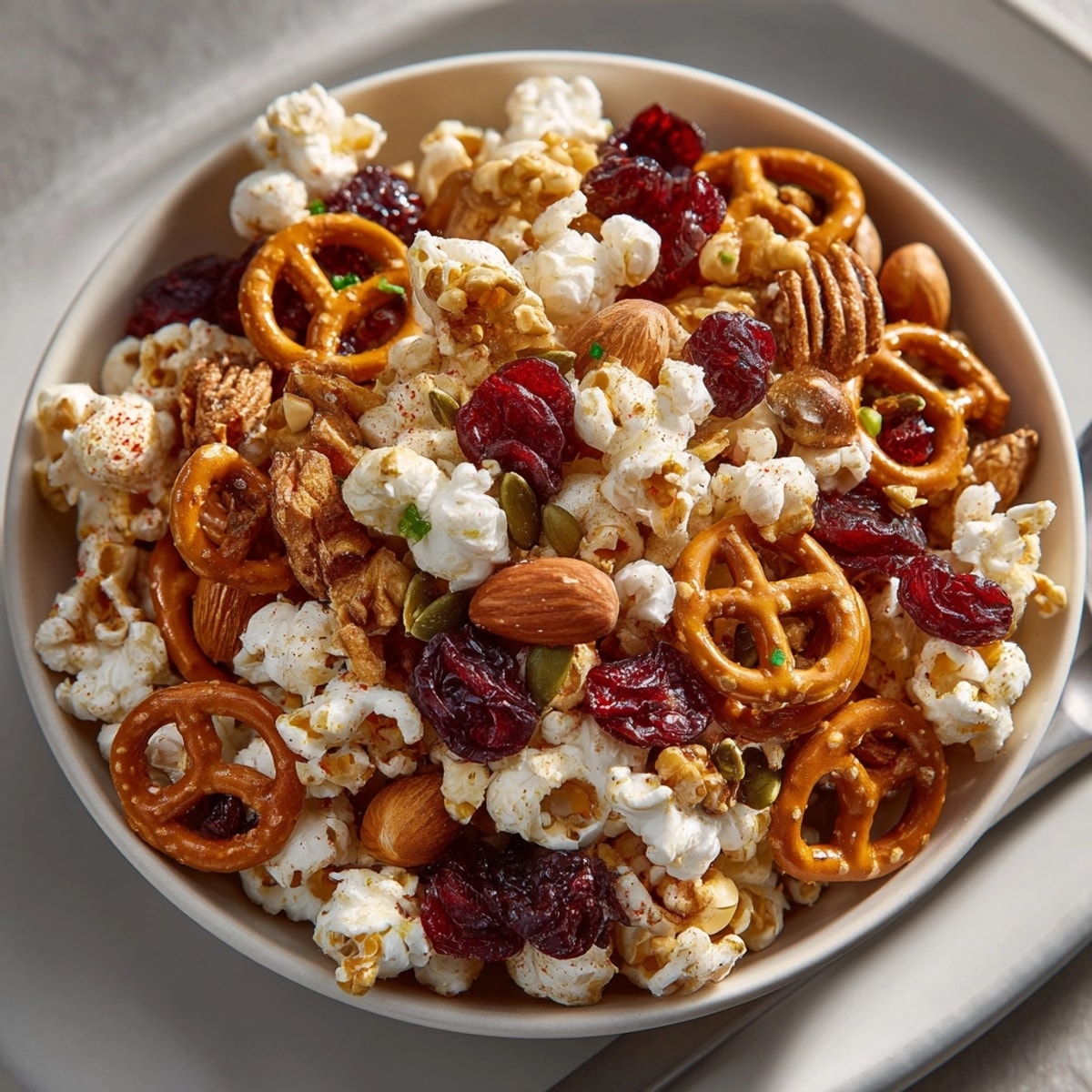 A close-up captures the vibrant colors and textures of sweet Chili-Lime Popcorn Trail Mix.