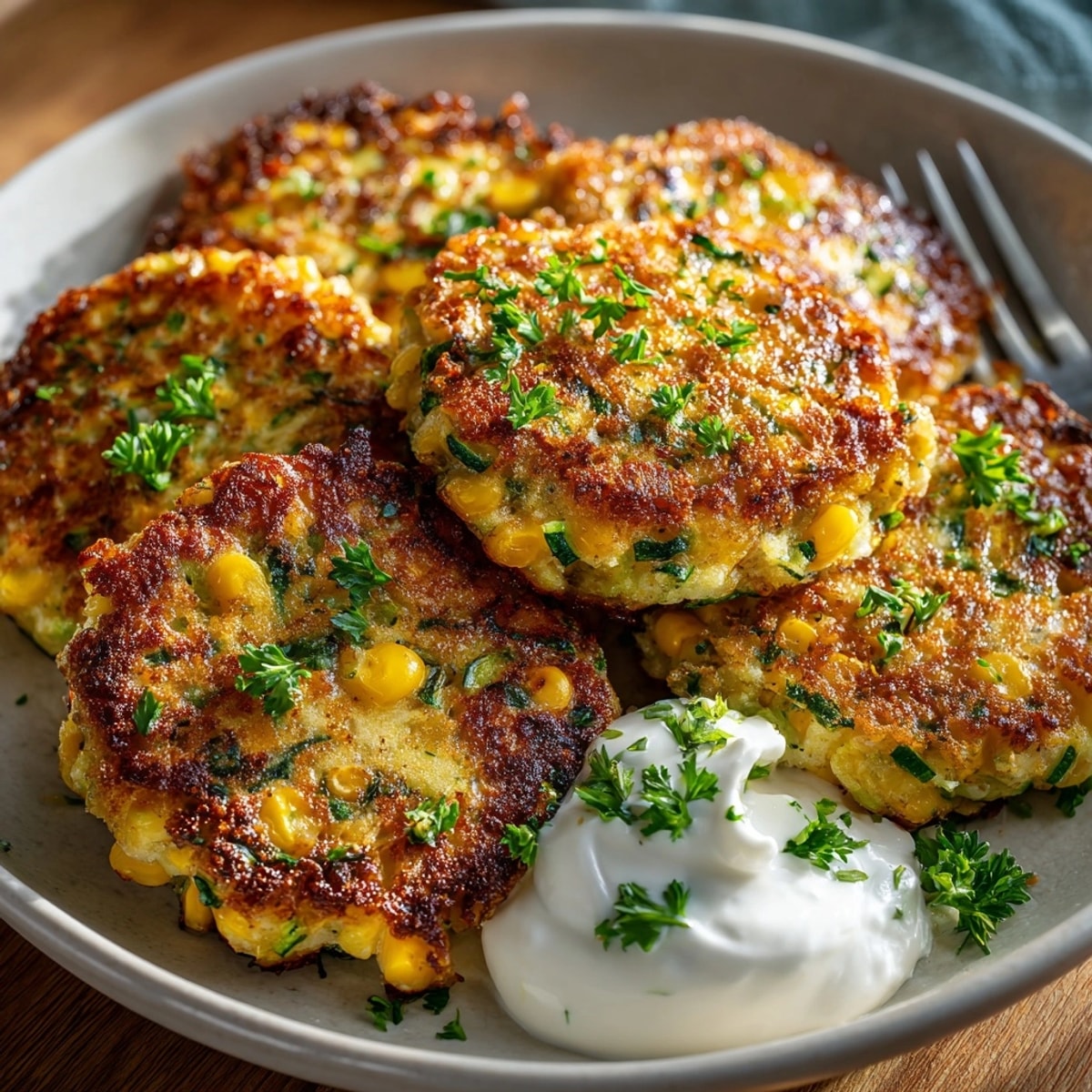 Golden brown Late Summer Zucchini & Corn Fritters fresh off the skillet, ready to eat!