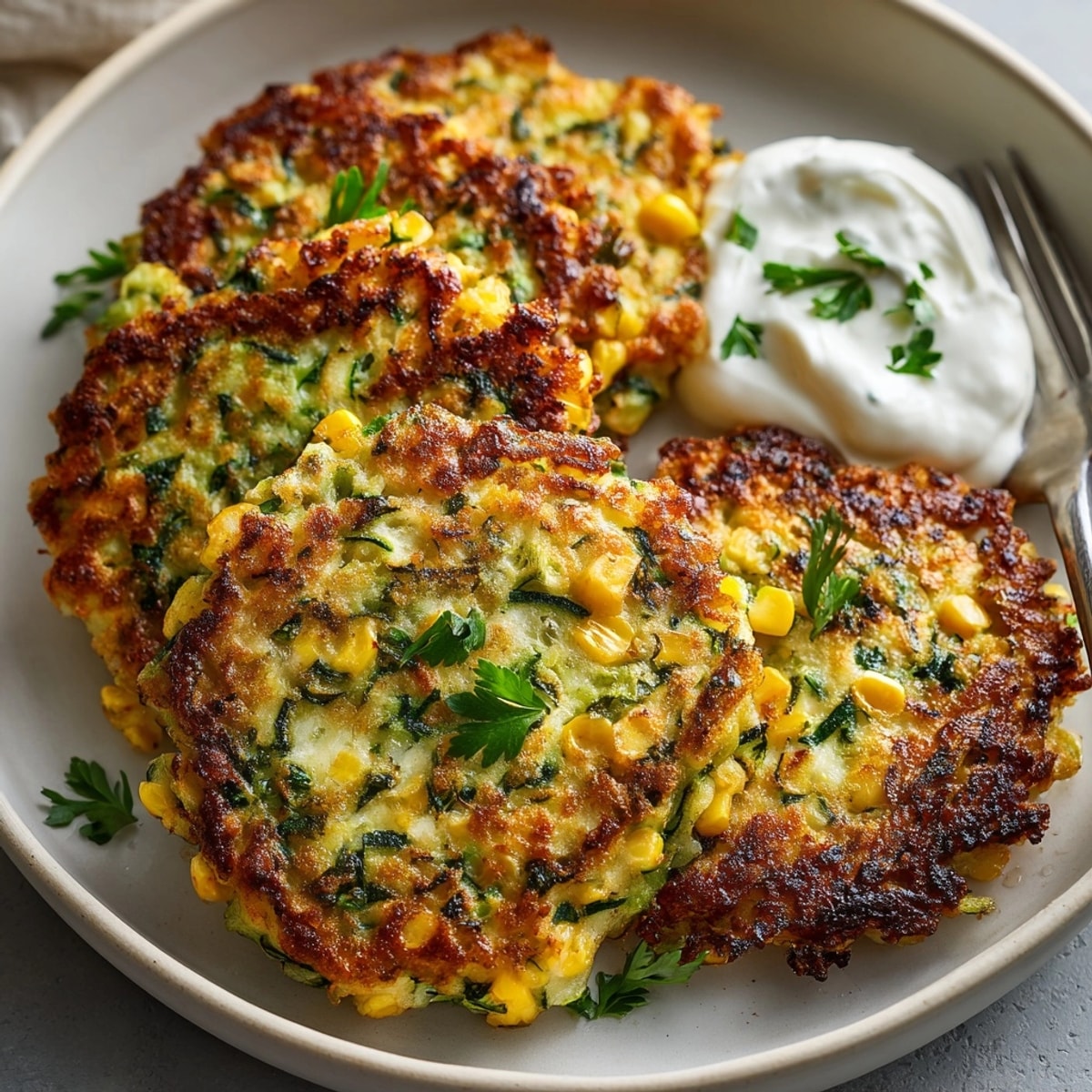 Stacked Late Summer Zucchini &amp; Corn Fritters, showcasing vibrant green flecks and a delicious aroma.