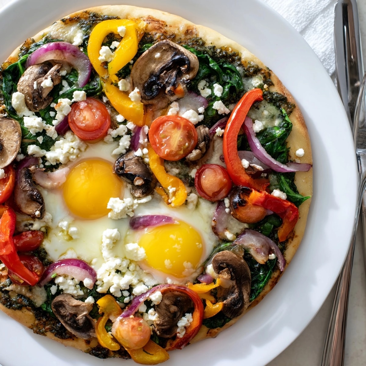 Golden-crusted Garlic Herb Veggie Breakfast Pizza, topped with colorful roasted vegetables and melted mozzarella.