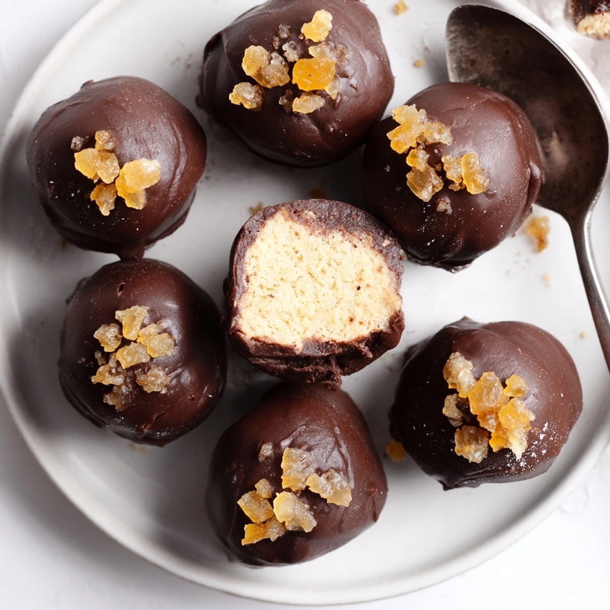 Homemade Cinnamon Ginger Ricotta Truffles: bite-sized desserts, showing a moist, spiced almond meal center.