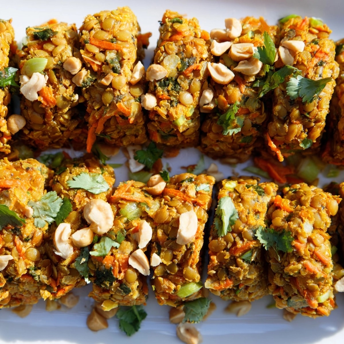 Top-down view of freshly cooked Thai Peanut Lentil Bites arranged on a serving platter.