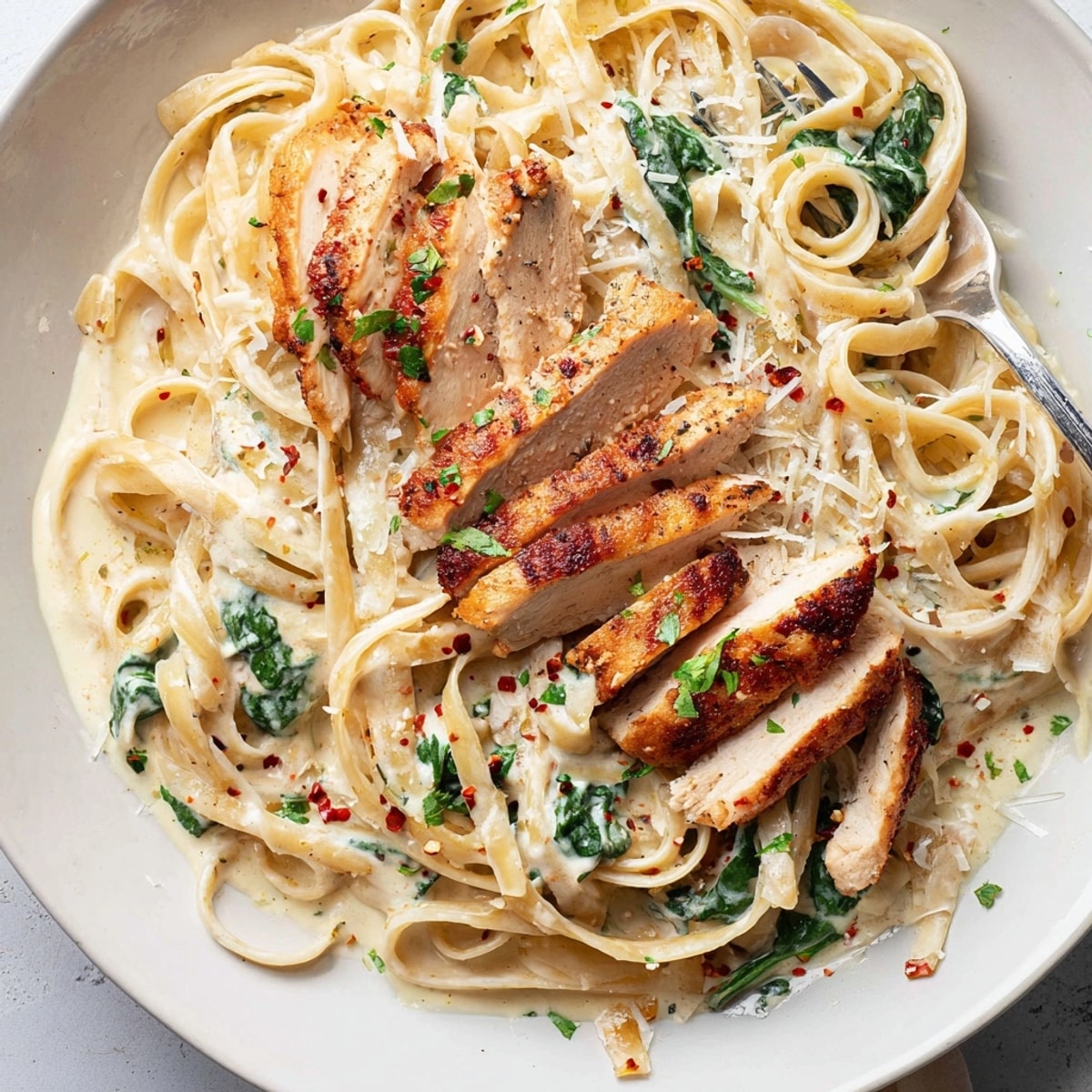 Savory Cajun Chicken Spinach Alfredo Pasta: golden chicken atop fettuccine in rich, cheesy sauce.