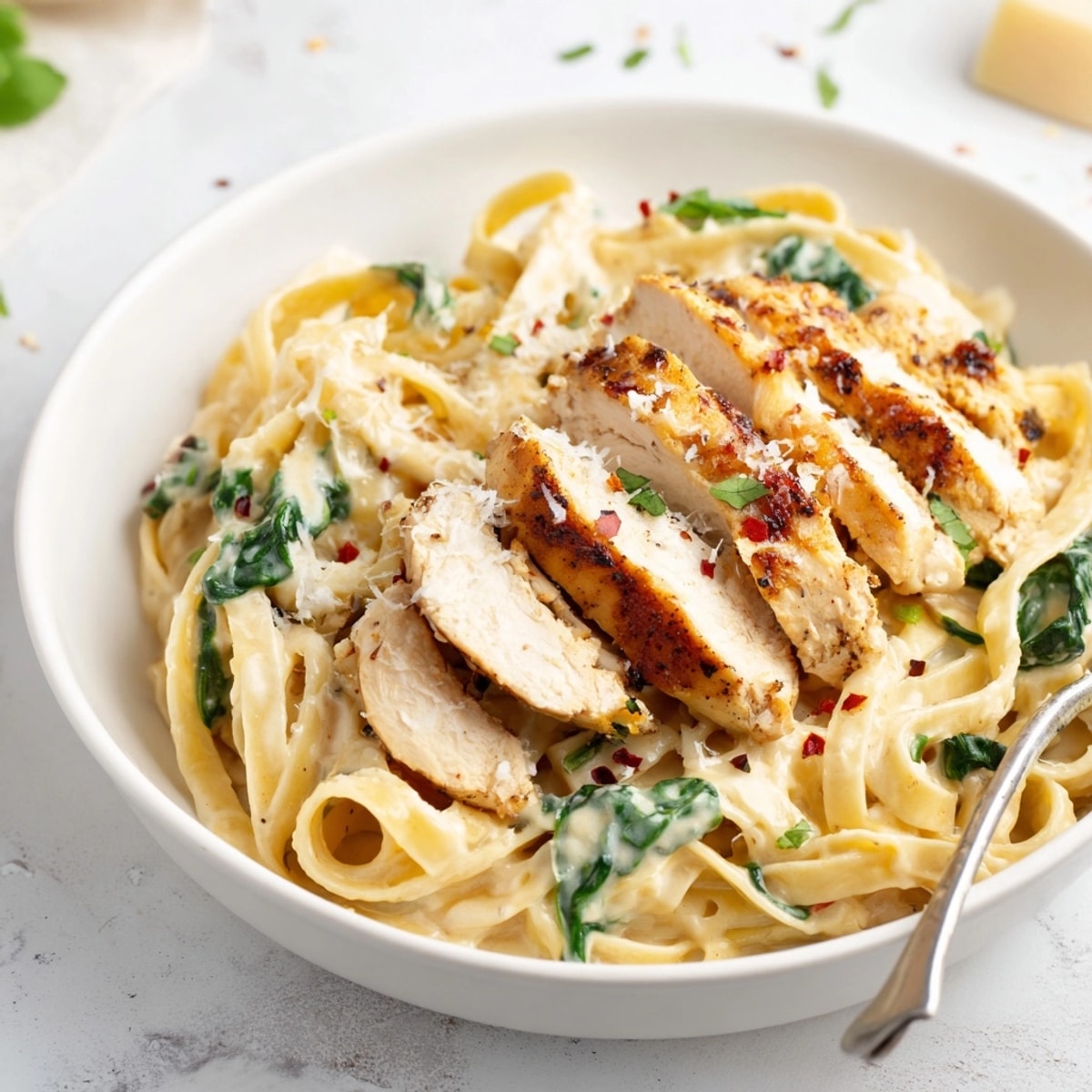 Hot, comforting Cajun Chicken Spinach Alfredo Pasta, swirled on a plate with garlic aroma.