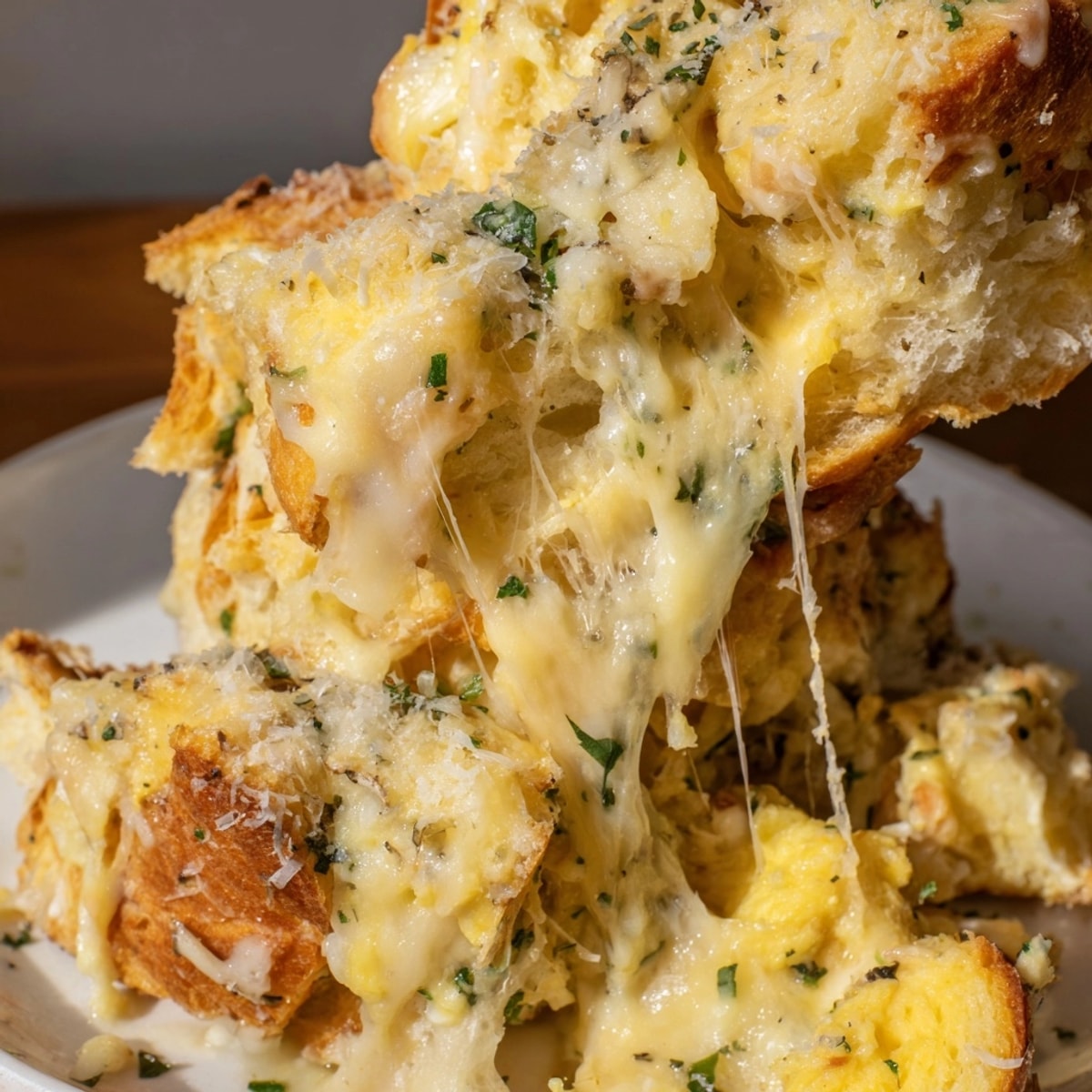 Golden and bubbly Cheesy Garlic Egg Croissant Bake, ready from the oven.