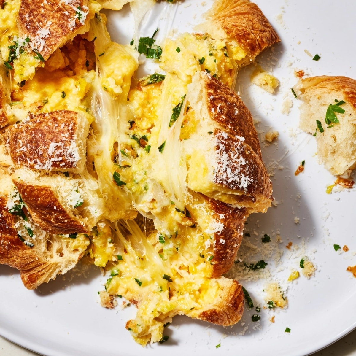Close-up shot of a freshly baked, steaming Cheesy Garlic Egg Croissant Bake casserole.