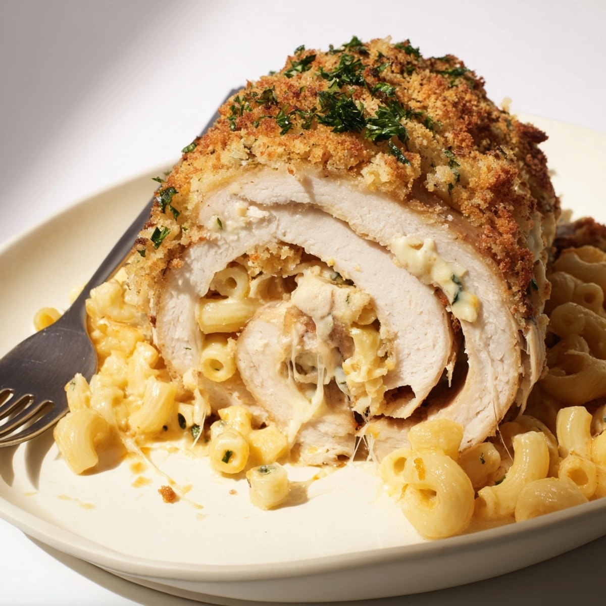 Golden-brown Mac and Cheese Stuffed Turkey Rolls baking, showing creamy cheese bubbling.