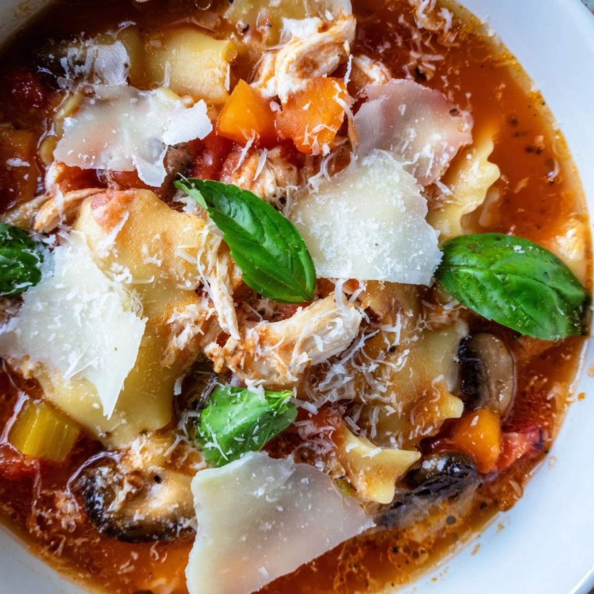 Hearty Lasagne Soup garnished with crispy mushroom toppers and fresh basil.  