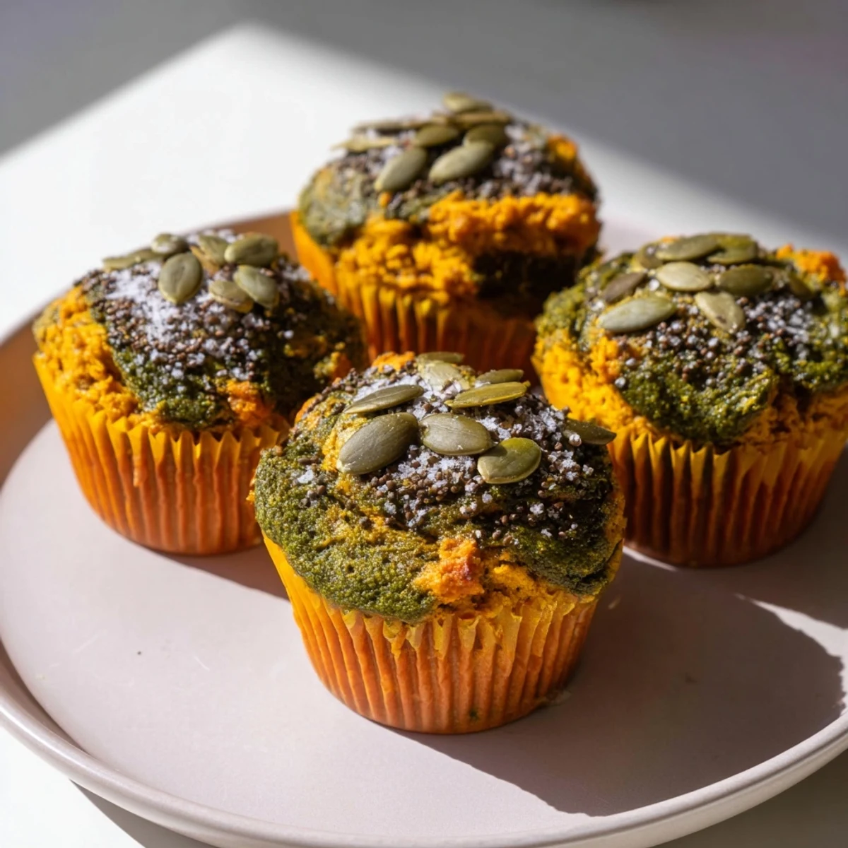Moist rustic matcha pumpkin muffins topped with pumpkin seeds, perfect for breakfast.  