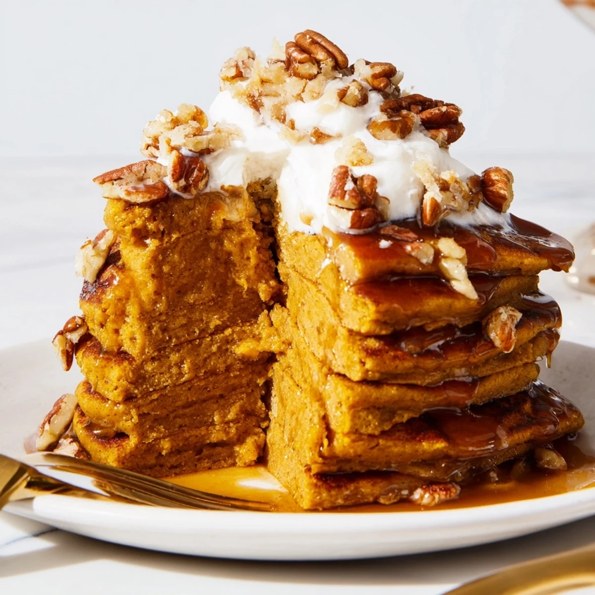 Fluffy maple bourbon pumpkin pancake stacks topped with glaze and whipped cream.  