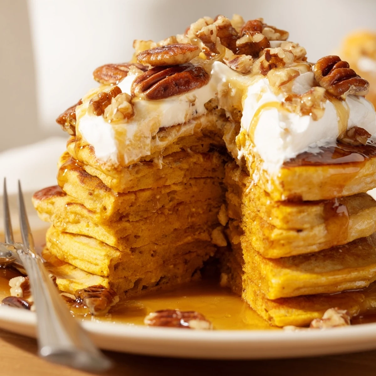Decadent pumpkin pancakes stacked high, finished with a rich maple-bourbon sauce.