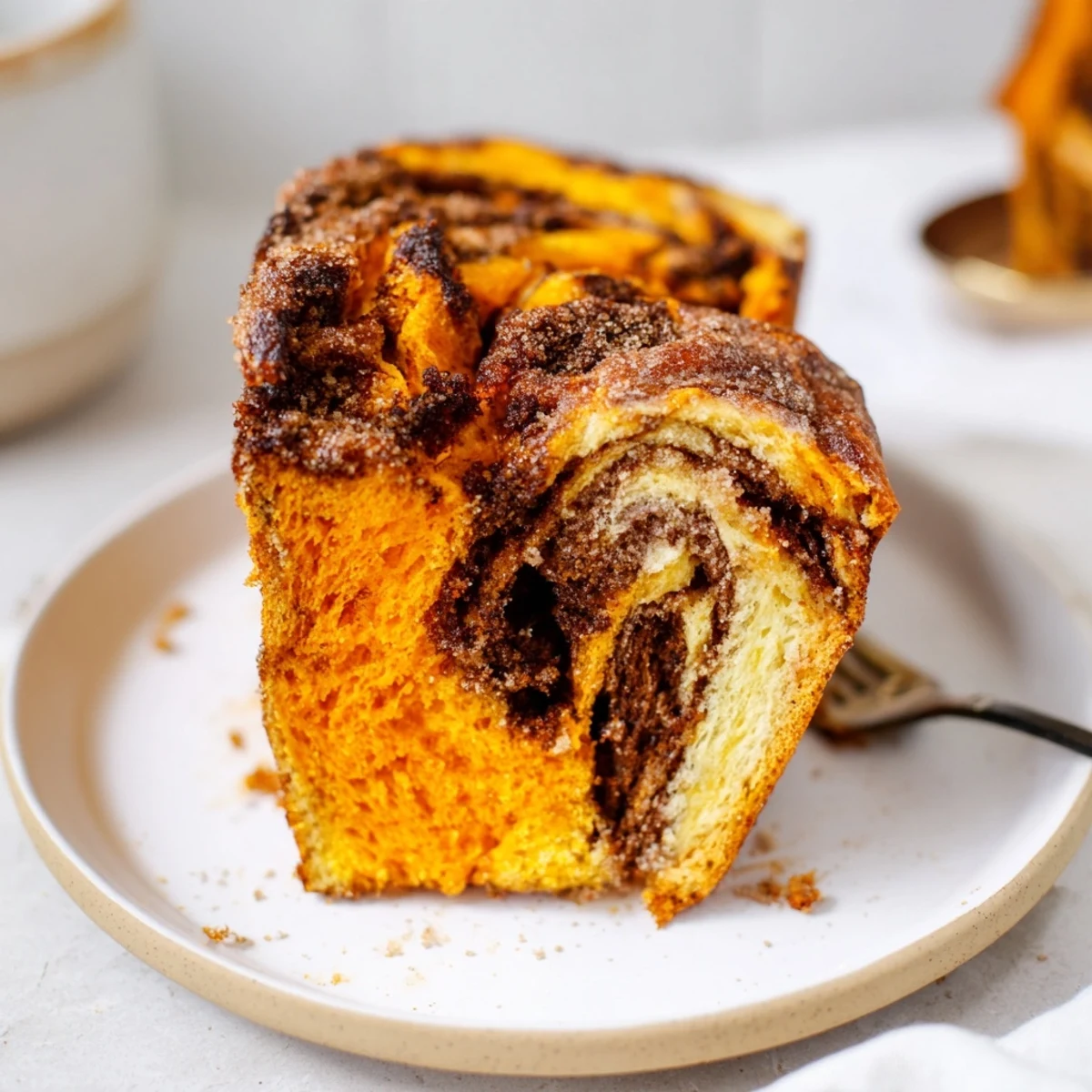 Golden-brown Churro Sweet Potato Chaos Bread served warm and drizzled with caramel.  