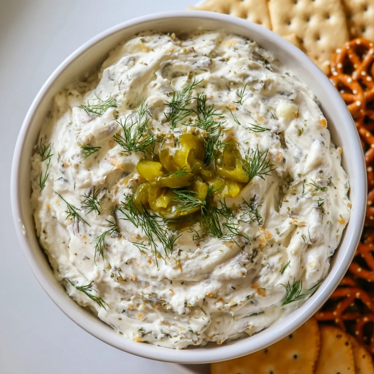 Creamy Dill Pickle Ranch Cookie Dip topped with fresh dill and pickles.  