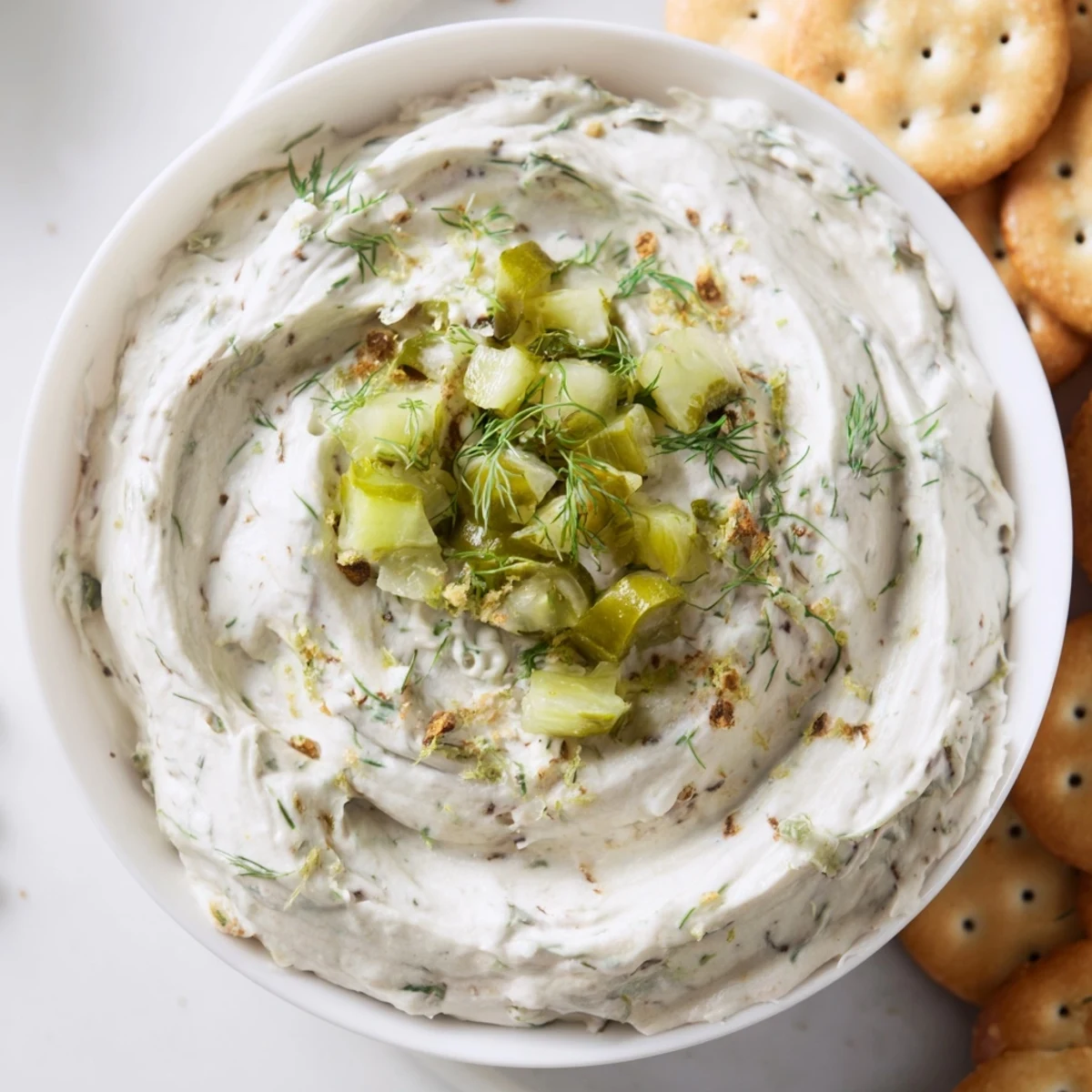 Sweet and savory Dill Pickle Ranch Cookie Dip served chilled with cookies.
