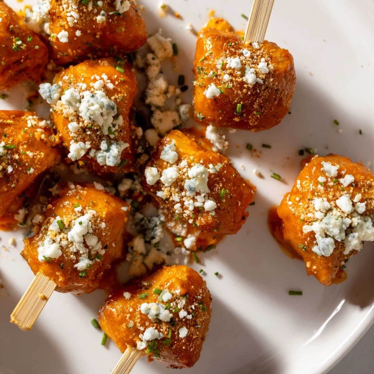 Crunchy pretzel bites dipped in spicy buffalo flavors, perfect for game day gatherings.  