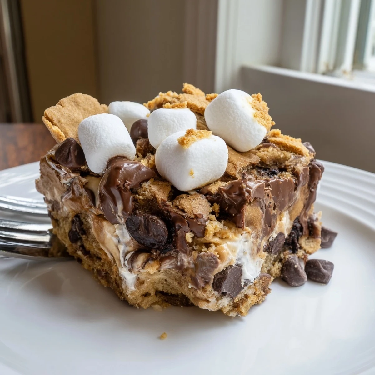 Decadent Chaos Cake Smores Cookie Bars topped with gooey chocolate and marshmallows.  