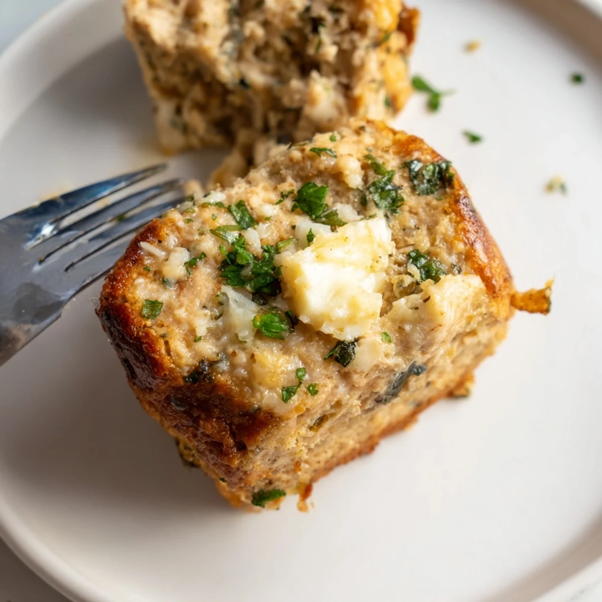 Golden Garlic Parmesan Chicken Meatloaves garnished with fresh herbs and melted cheese.  