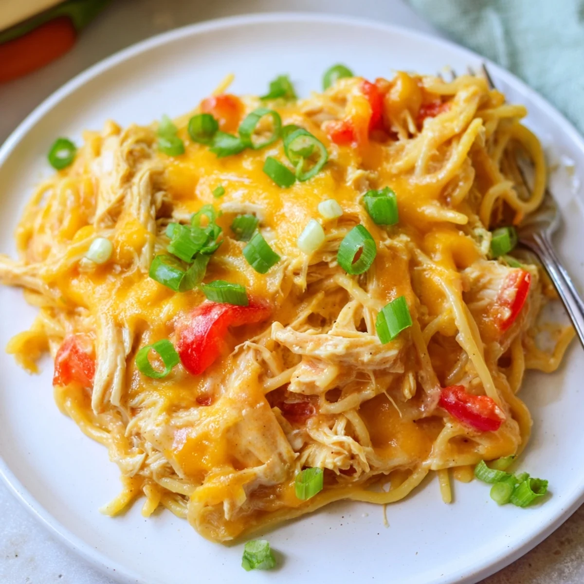 A hearty bowl of Spicy Southern Cheesy Chicken Spaghetti Casserole, bubbling with cheese.  