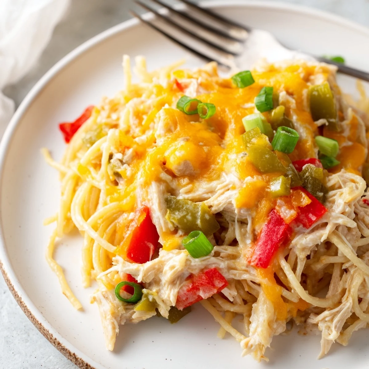 Deliciously creamy Spicy Southern Cheesy Chicken Spaghetti Casserole, perfect for family dinners.  