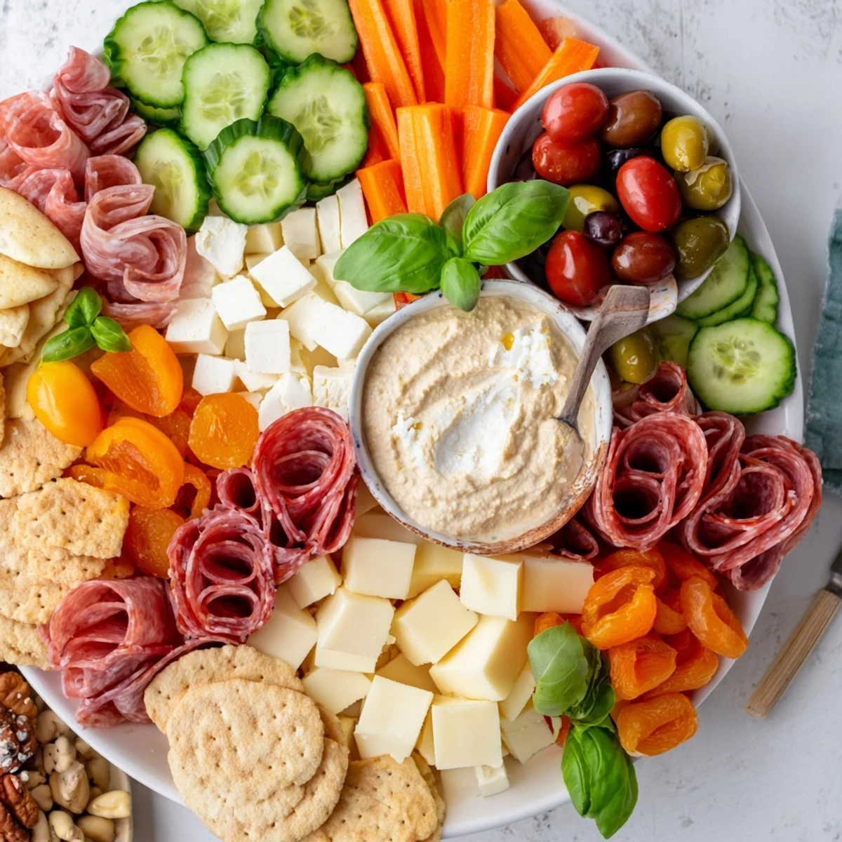 A colorful Girl Dinner Platter filled with cheeses, fruits, and tasty dips.  