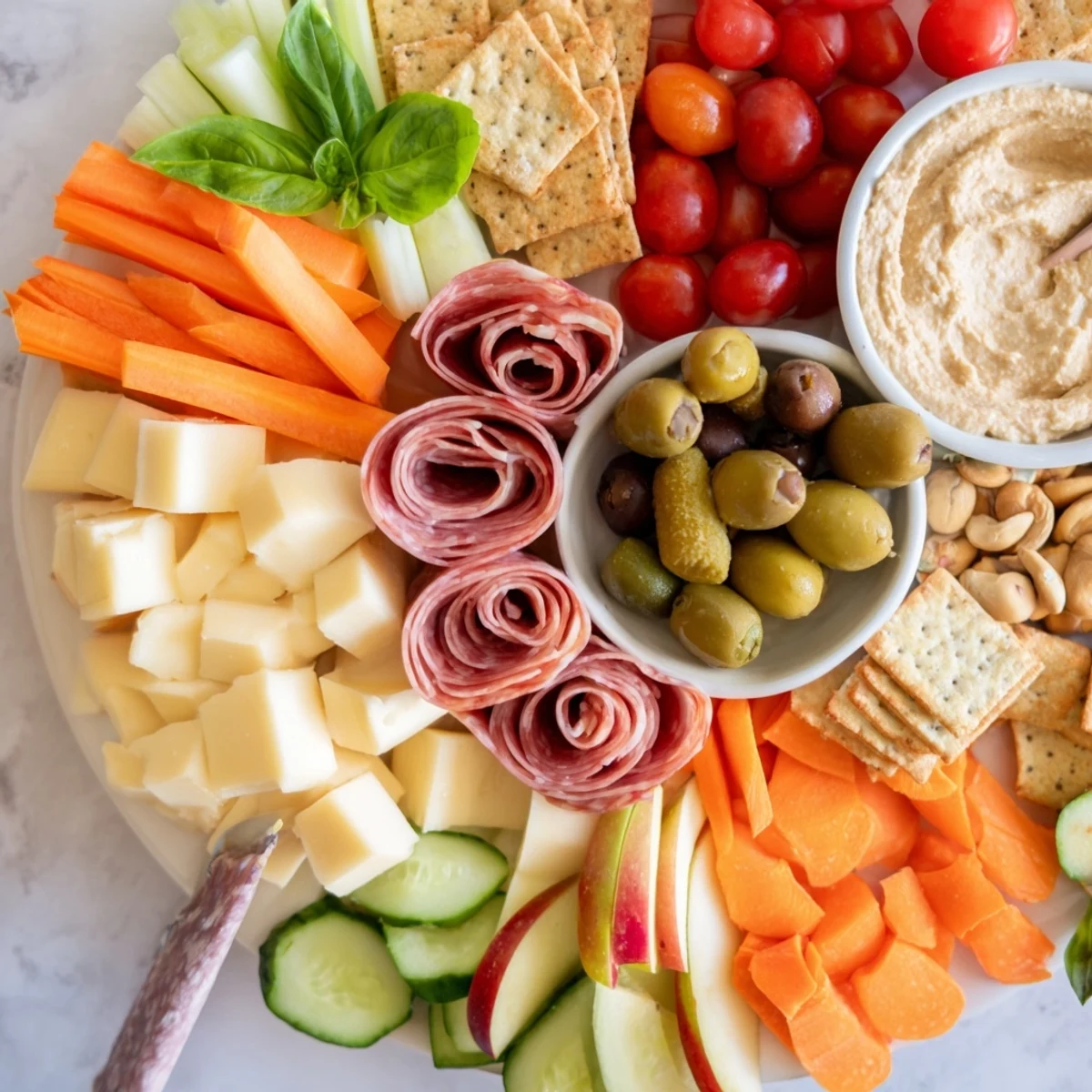Close-up of a Girl Dinner Platter showcasing vibrant snacks, cheeses, and fresh veggies.  