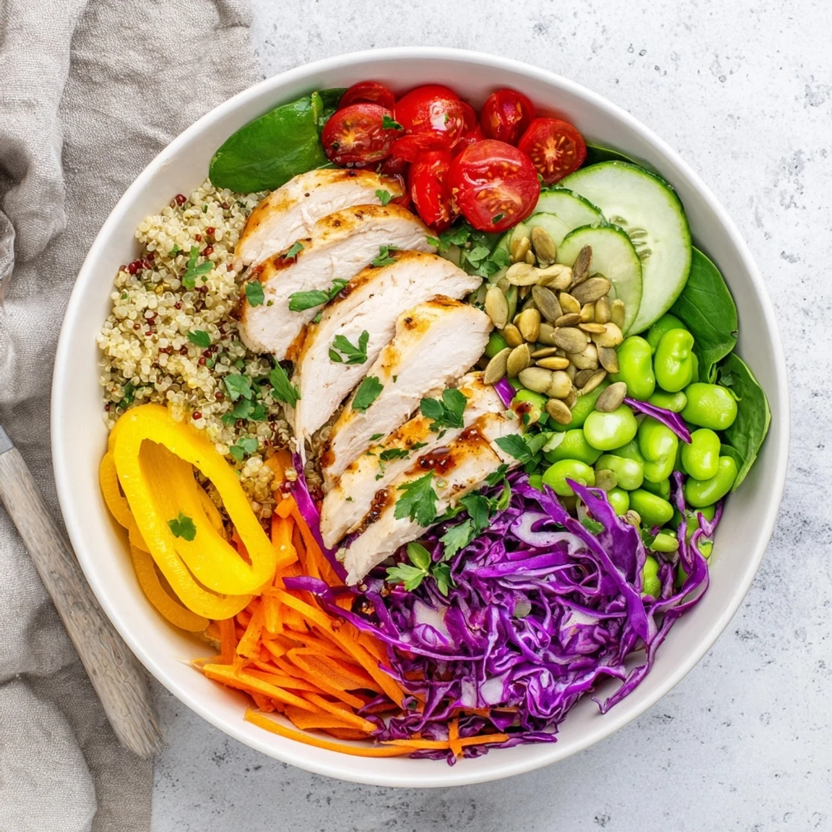 Colorful healthy meal-prep bowls with quinoa, chicken, and fresh vegetables.  