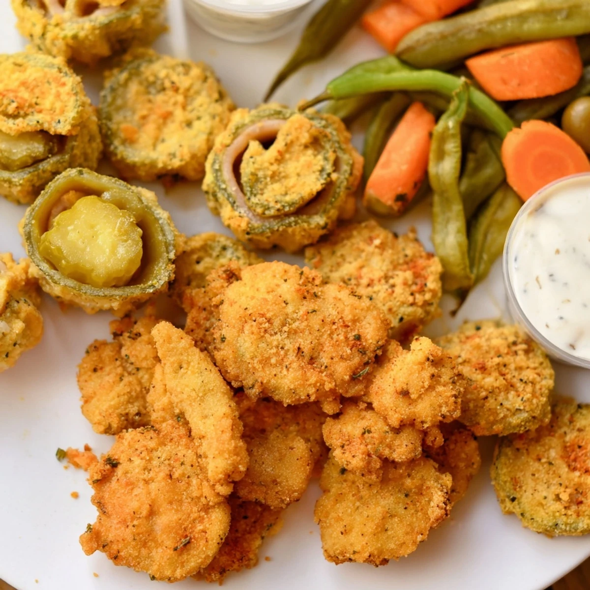 Crunchy fried pickles, pickled vegetables, and savory bites create a pickle lovers meal.  