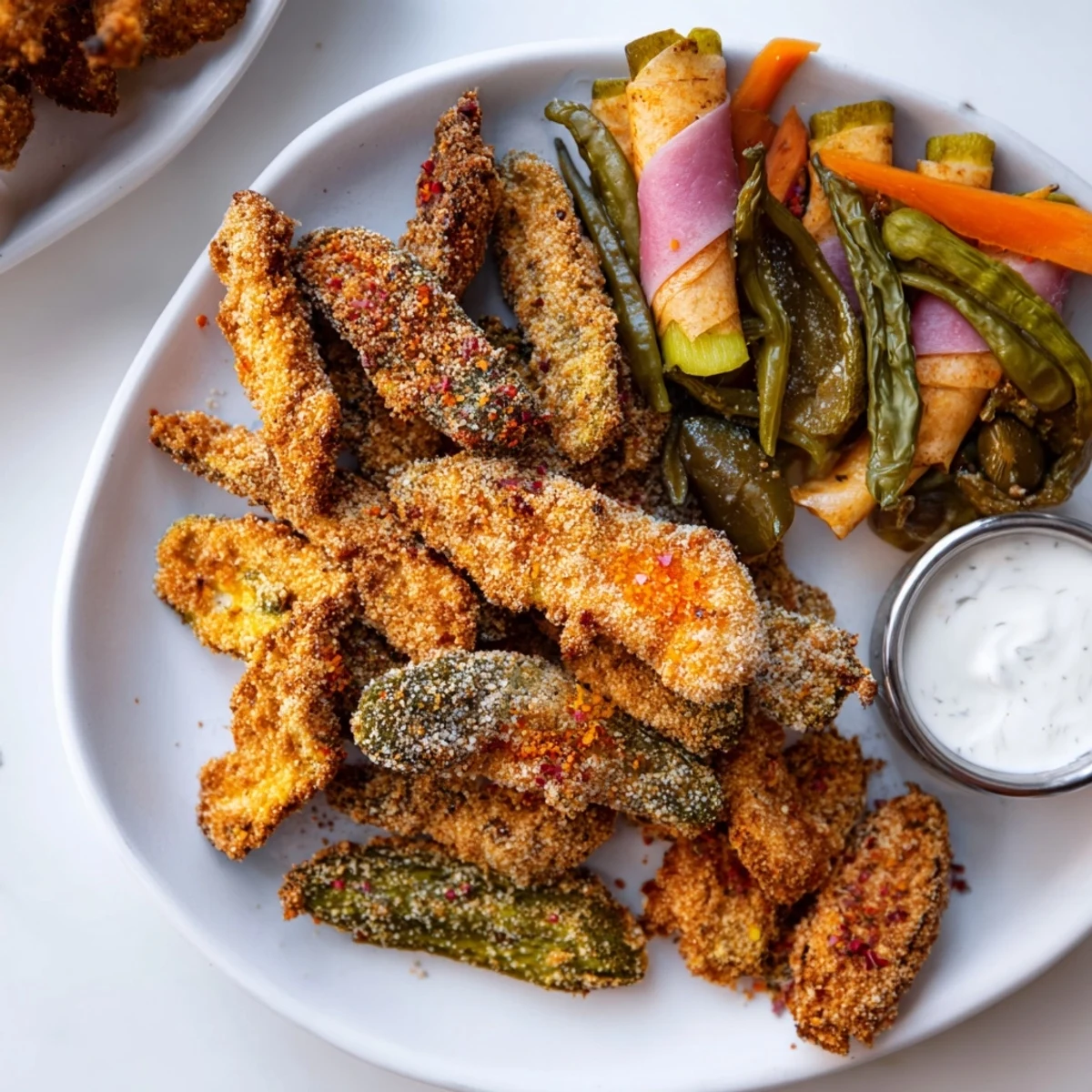 Fried pickles and cheese-wrapped bites arranged beautifully for a delicious pickle lovers meal.