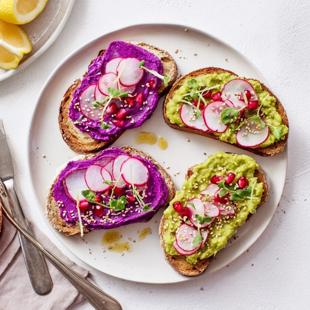 Delicious Bright & Bold Breakfast Toasts garnished with radishes, pomegranate, and sesame seeds.
