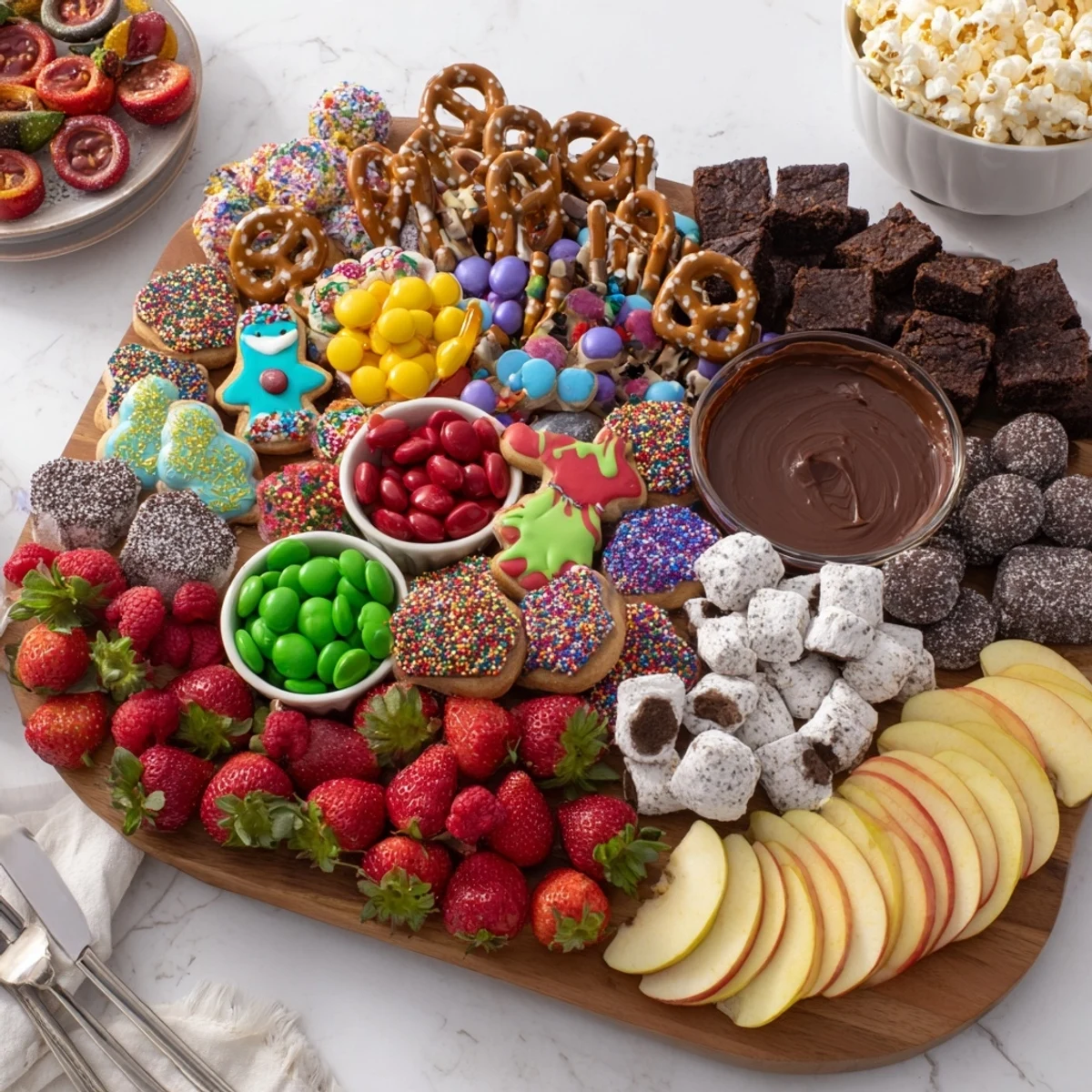 A colorful dessert board with themed snacks and sweet treats for festive gatherings.  