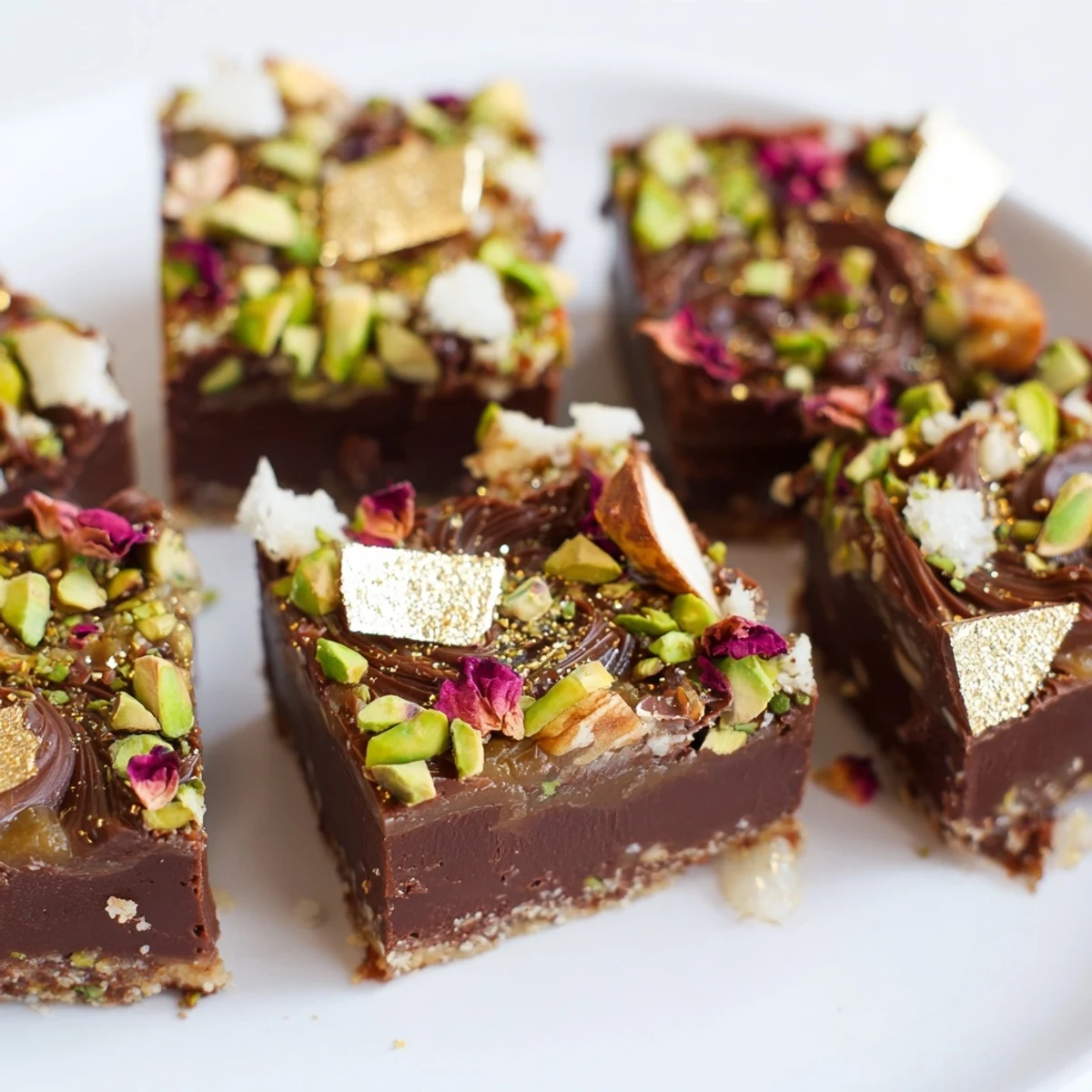 Decadent Chocolate Bar Inspired Creations topped with spiced date caramel and crunchy layers. 