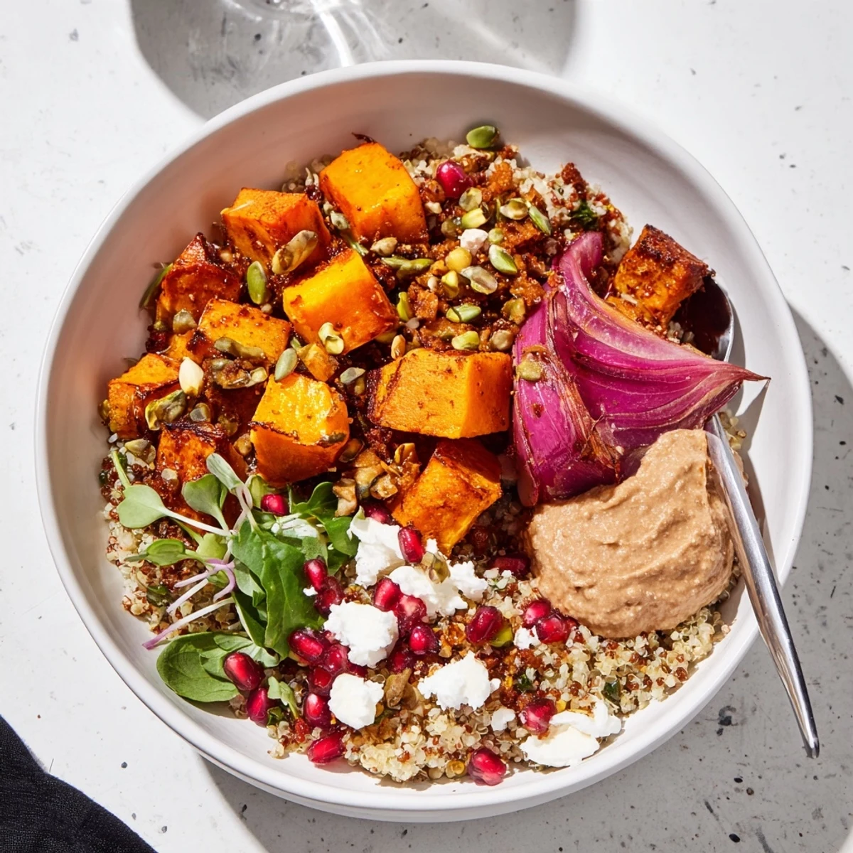 Cozy spiced winter bowls topped with vibrant roasted vegetables and creamy ube-coconut.  