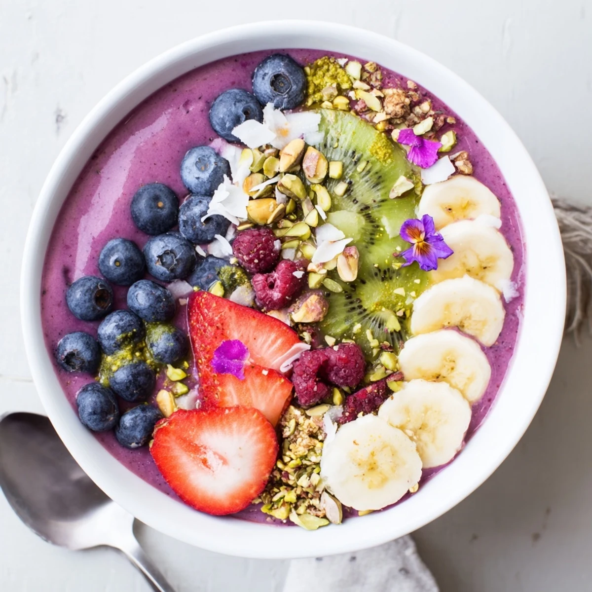 Colorful smoothie bowl recipe featuring berries, kiwi, and crunchy granola toppings.  
