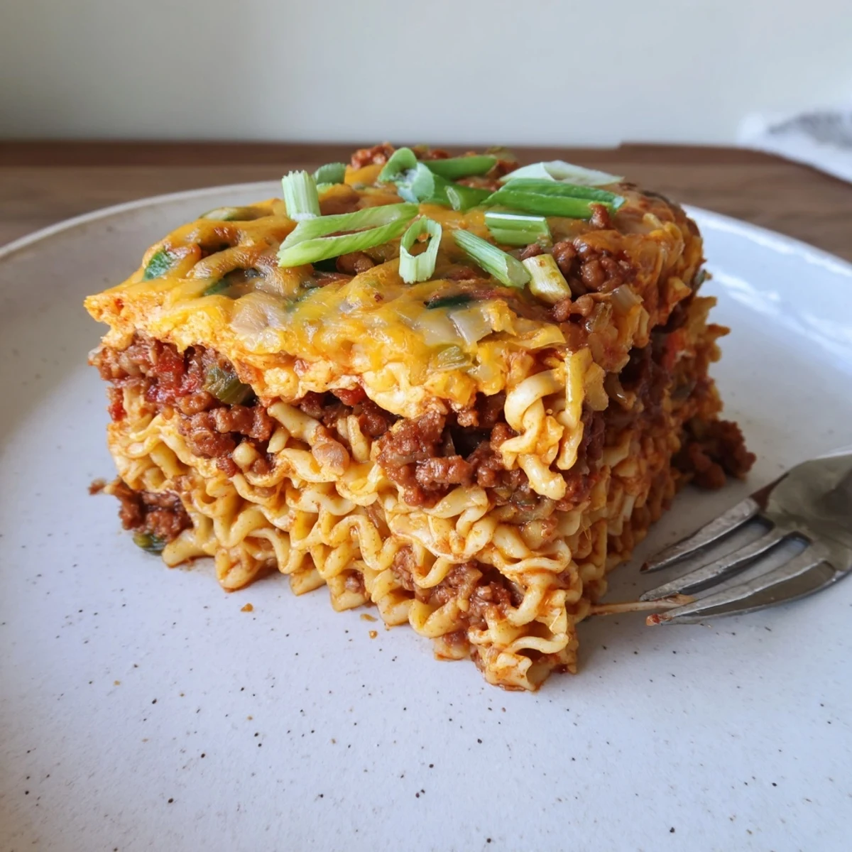 A deliciously layered spicy ramen lasagna topped with bubbly, melted cheese.  