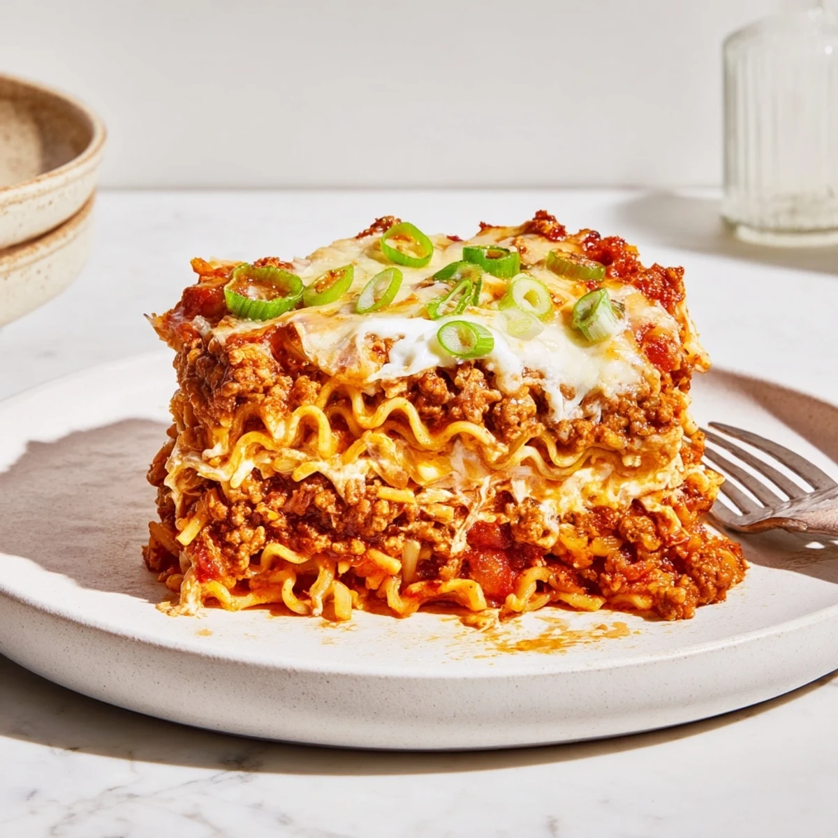 Comforting spicy ramen lasagna bursting with flavors of pork, cheese, and tangy sauce.  