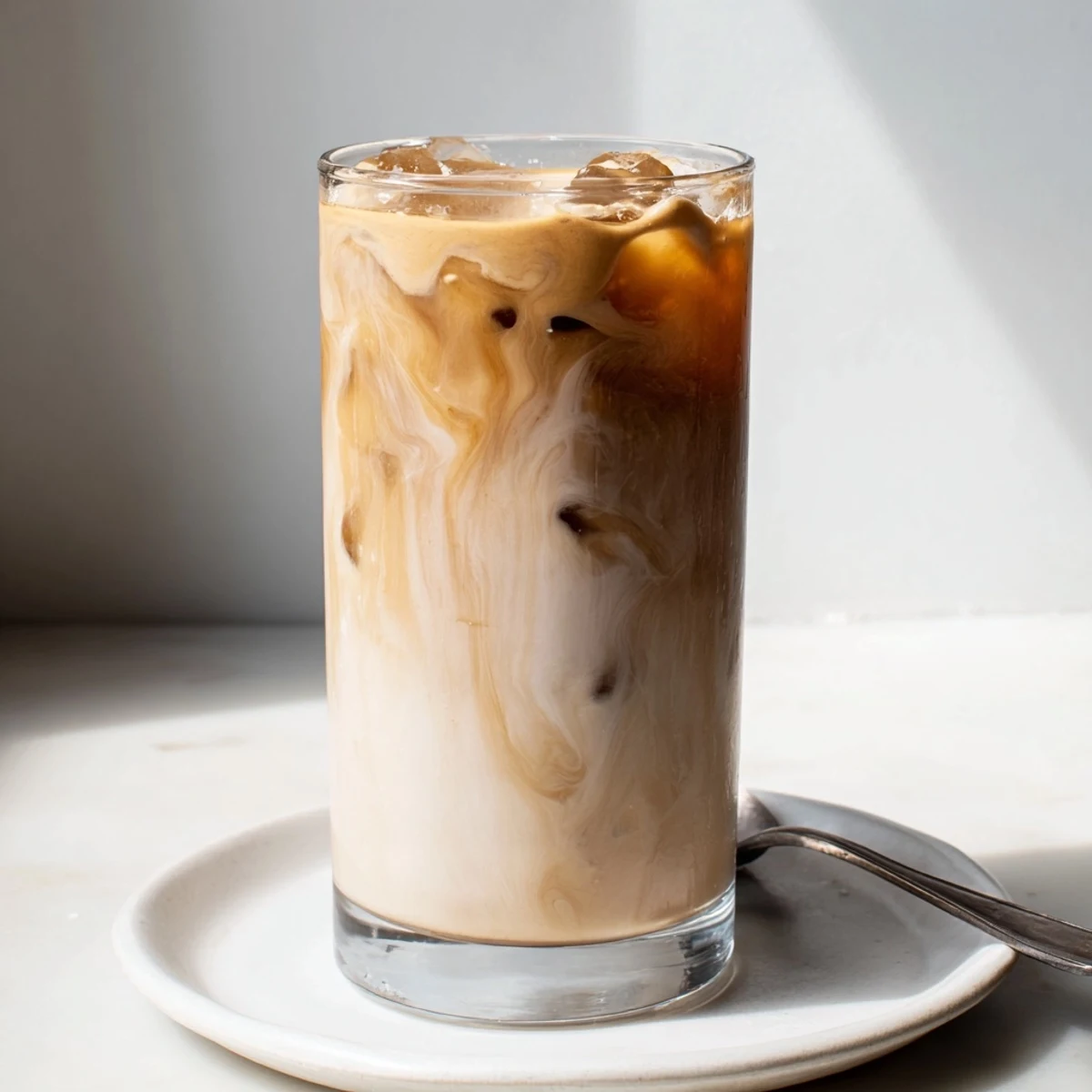 Creamy tahini iced coffee topped with plant milk and ice cubes.  