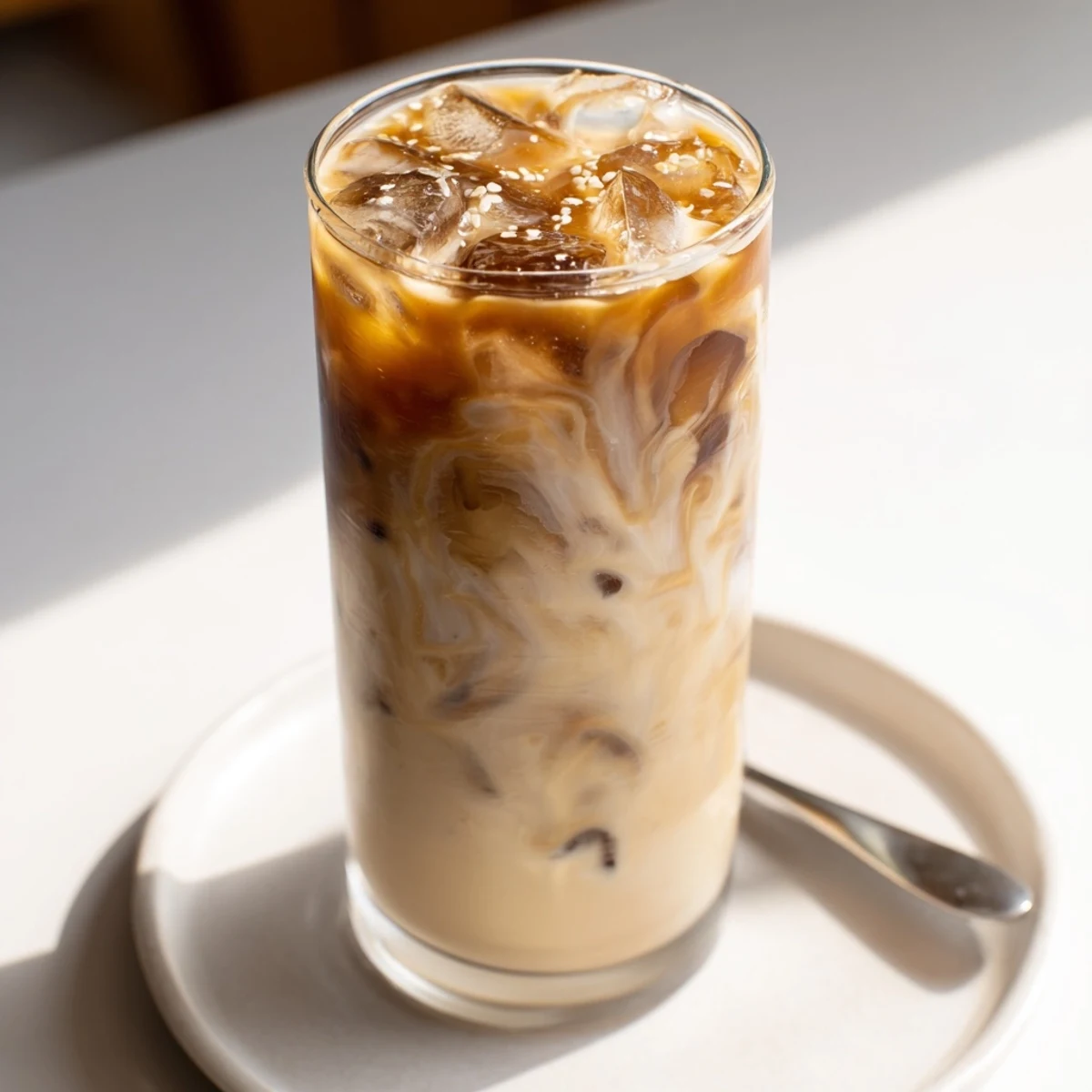 Delicious tahini iced coffee blended with cold brew and sweetened with maple syrup.