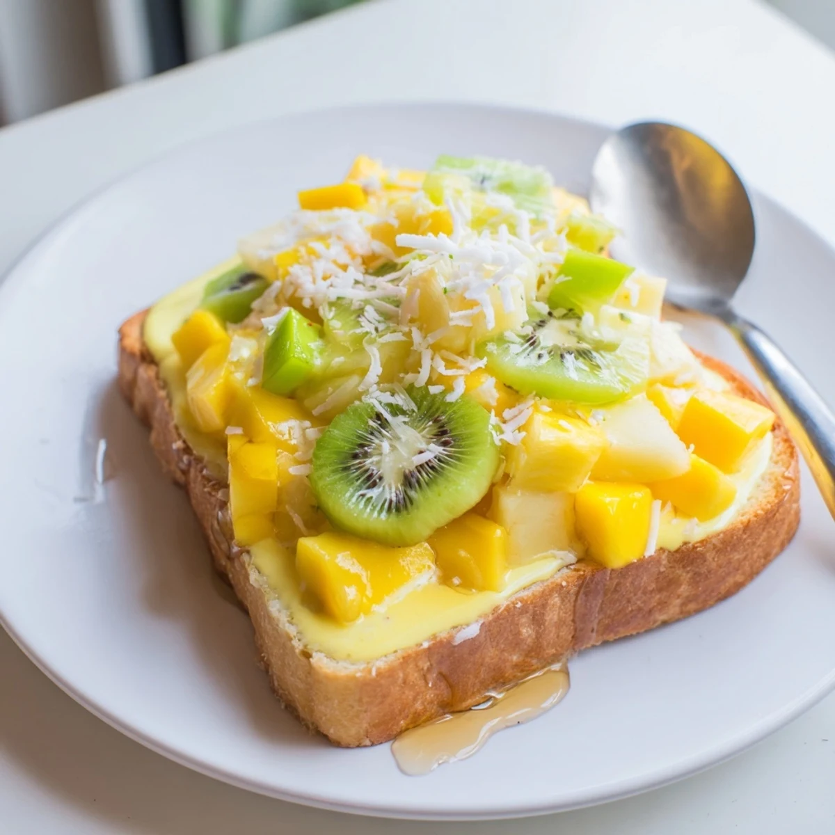 Delicious yogurt-custard toast topped with fresh tropical fruits and coconut.  