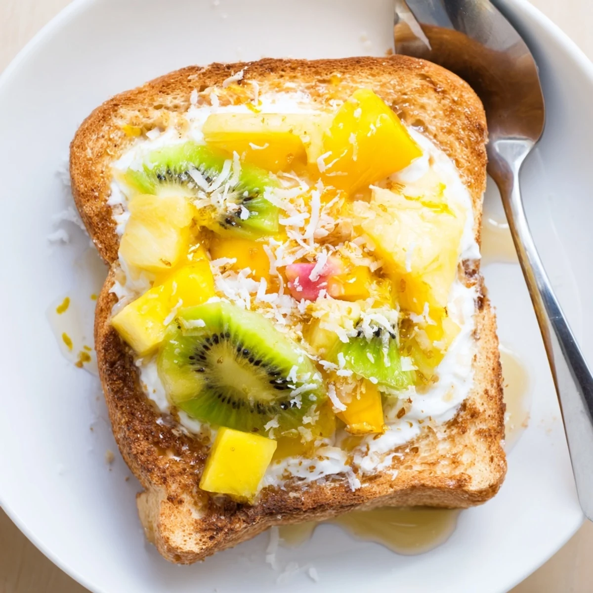 Creamy yogurt-custard toast with mango and kiwi, perfect for brunch.  